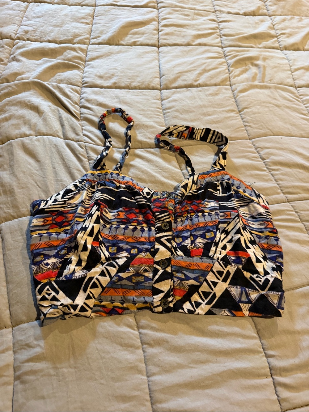 Angie Black Multicolor Tribal Crop Button-Front Tank